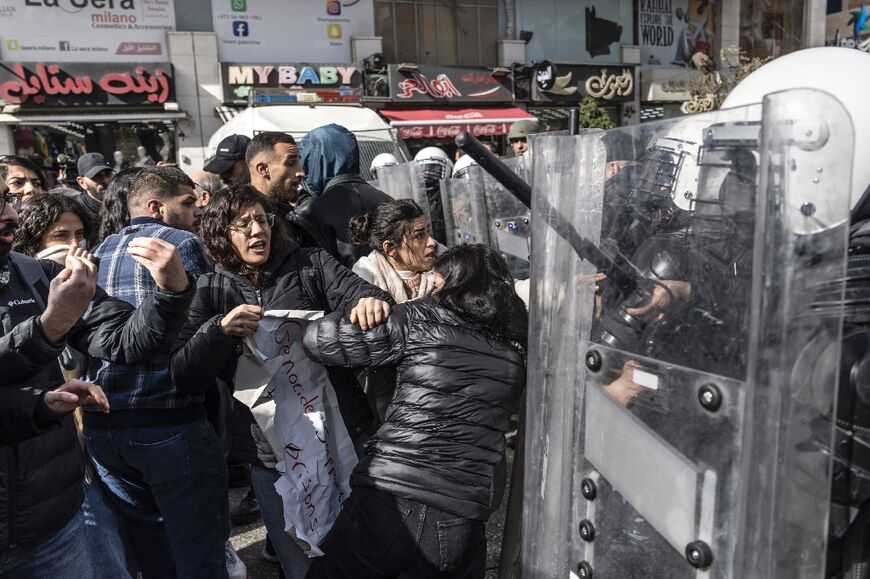 Protesters confront Palestinian Authority security forces during a visit by US Secretary of State Antony Blinken in Ramallah, in the Israeli-occupied West Bank on January 10, 2024