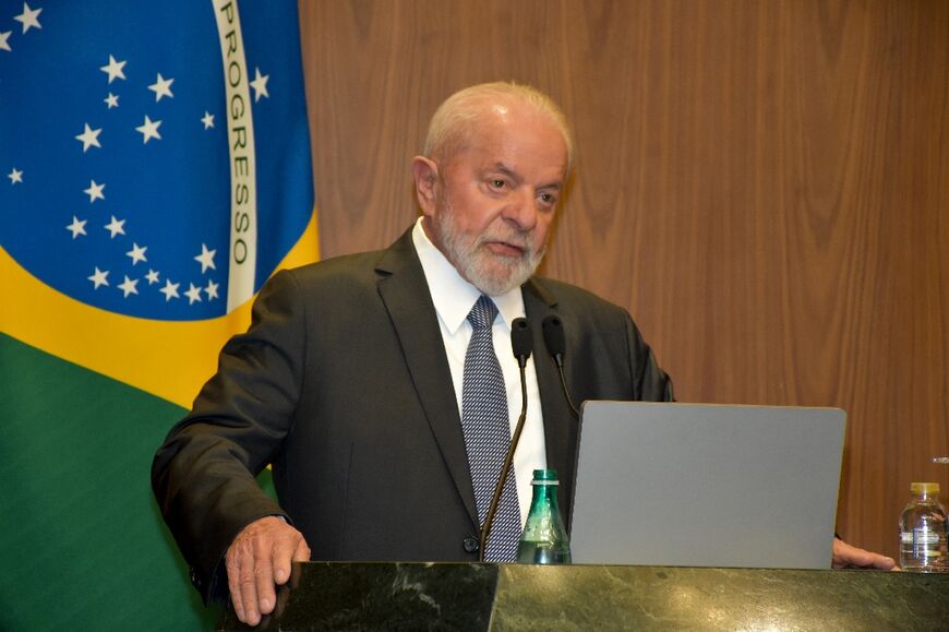 Brazilian President Luiz Inacio Lula da Silva speaks in Cairo during an Arab League meeting on the Israel-Hamas war 