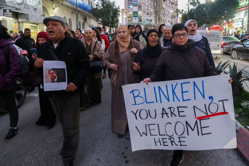 Palestinians protest against a visit by US Secretary of State Antony Blinken to Israel and the West Bank in Ramallah on February 7, 2024