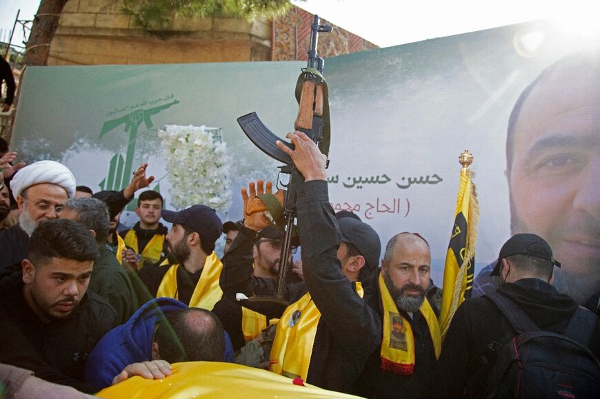 The funeral of Hezbollah fighter Hassan Salame in his home village of Khirbet Selm on February 27, 2024, after Hezbollah and Israel exchanged fire 