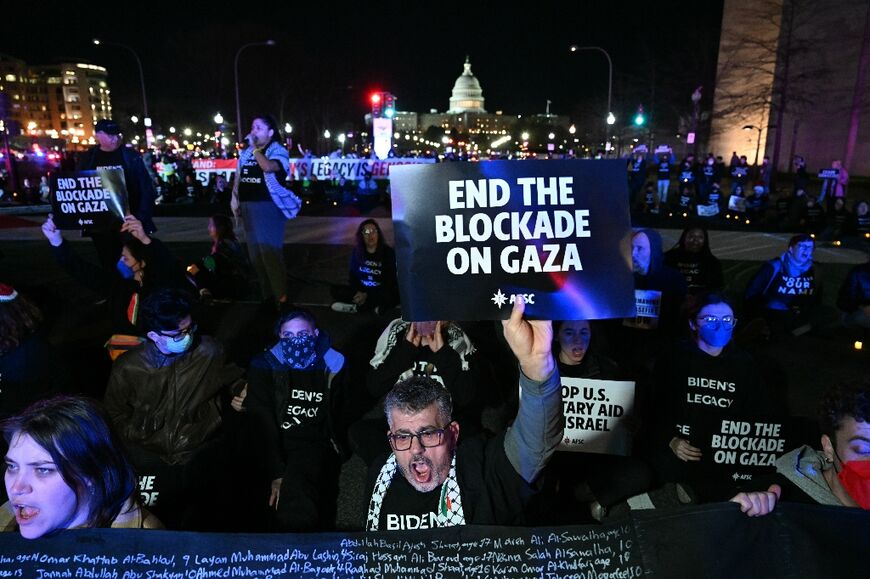 Pro-Palestinian demonstrators near the US Capitol block a street ahead of President Joe Biden's State of the Union address 