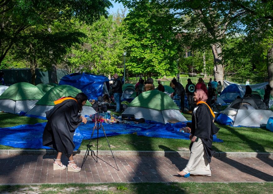 Students and faculty are seen at a protest encampment at the University of Pennsylvania in Philadelphia, Pennsylvania on April 27, 2024