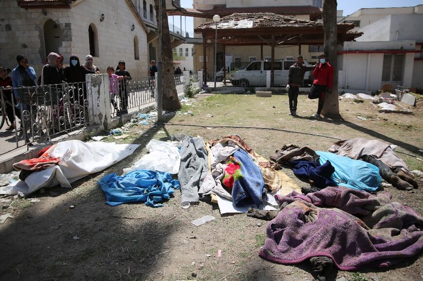 Covered bodies at Gaza's Baptist Hospital on April 1, 2024, amid the ongoing battles Israel and the Hamas militant group