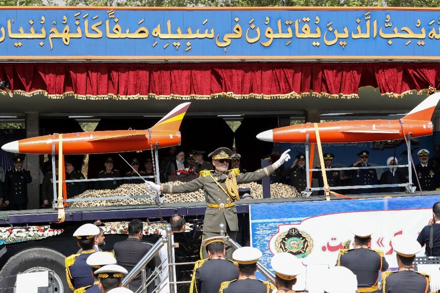 A truck carries Arash drones during the parade