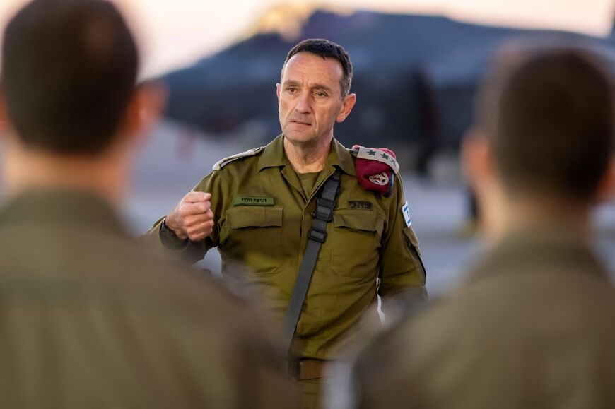 Israeli armed forces chief Lieutenant General Herzi Halevi addresses troops at Nevatim airbase in southern Israel