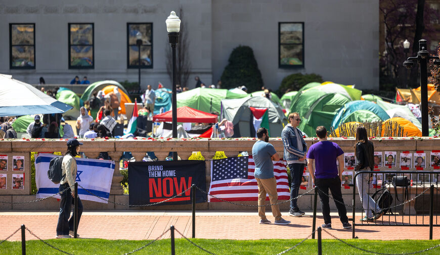 Student demonstrators occupy the pro-Palestinian "Gaza Solidarity Encampment" on the West Lawn of Columbia University on April 24, 2024 in New York City. School administrators and pro-Palestinian student protesters made progress on negations after the school set a midnight deadline for students to disband the encampment. The students agreed to remove many of the tents erected on the lawn, ensured that non-students would leave, and bared discriminatory or harassing language among the protesters. (Photo by Mi