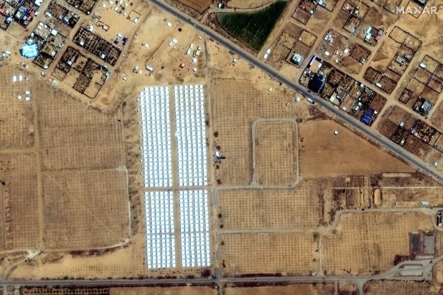 A satellite image courtesy of Maxar Technologies shows tent camps in southern Gaza that were not there earlier this month