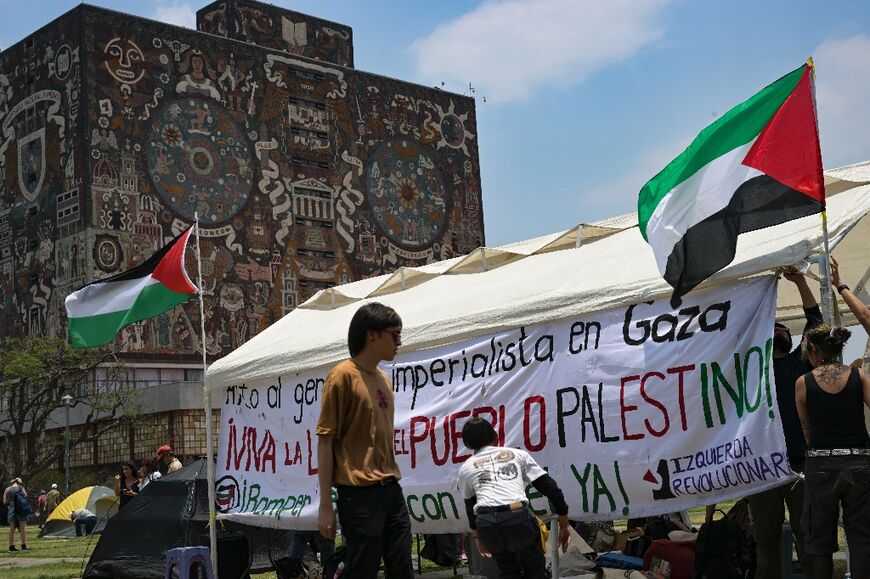 Activists gather in front of the rectory building of the Autonomous University of Mexico (UNAM) in Mexico City on May 2, 2024