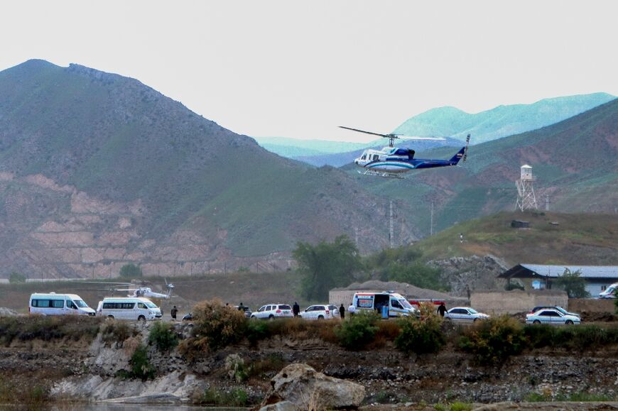 The helicopter carrying Iran's President Ebrahim Raisi takes off at the border with Azerbaijan in a photo provided by Islamic Republic News Agency IRNA 