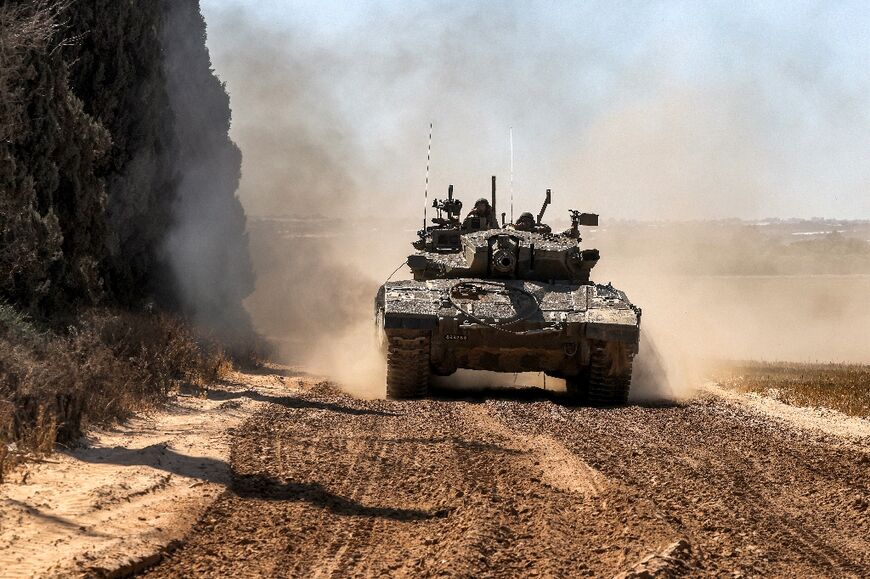 An Israeli tank along the border with the Gaza Strip in southern Israel