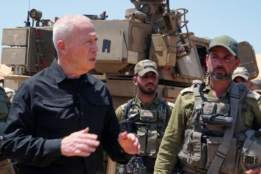 An Israeli army picture shows Defence Minister Yoav Gallant with soldiers in southern Israel near Rafah