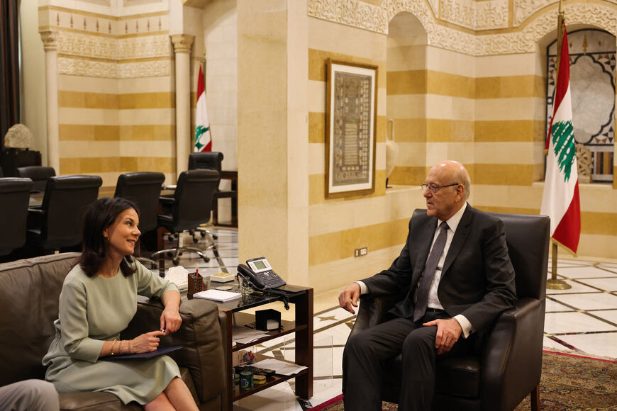 Lebanon's caretaker Prime Minister Najib Mikati (R) meets Germany's Foreign Minister Annalena Baerbock in Beirut on June 25, 2024. (Photo by ANWAR AMRO / AFP) (Photo by ANWAR AMRO/AFP via Getty Images)