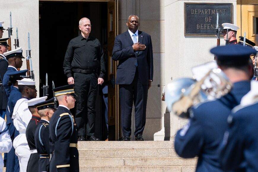 US Secretary of Defense Lloyd Austin welcomes Israeli Defense Minister Yoav Gallant to the Pentagon in Washington on June 25, 2024