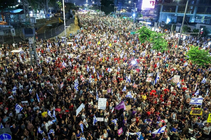 Relatives and supporters of Israelis taken hostage by Palestinian militants in Gaza demonstrate in Tel Aviv, calling for their release 