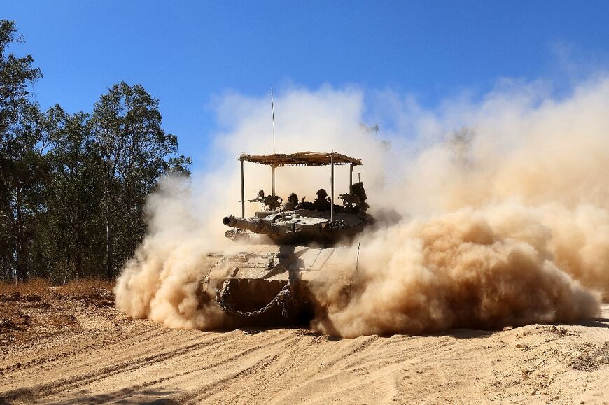 An Israeli tank near the border with the Gaza Strip and southern Israel on July 2, 2024 