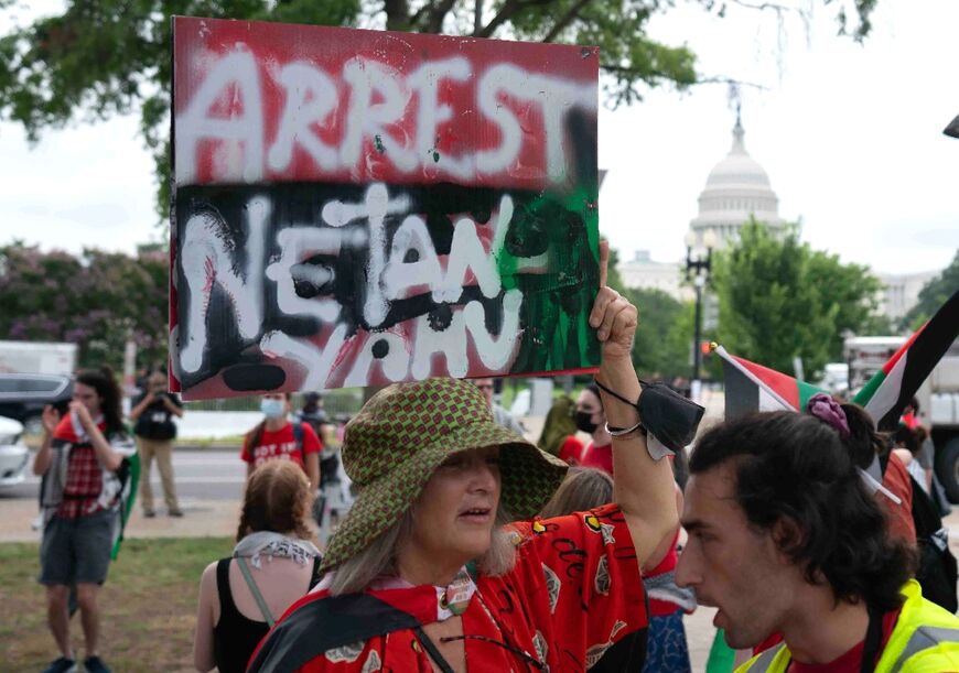 Pro-Palestinian demonstrators gather near the US Capitol before Israeli Prime Minister Benjamin Netanyahu's address