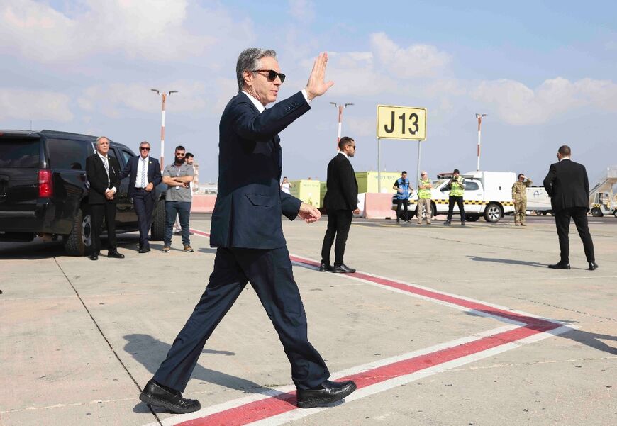 US Secretary of State Antony Blinken gestures in Tel Aviv as he departs for Egypt on August 20, 2024