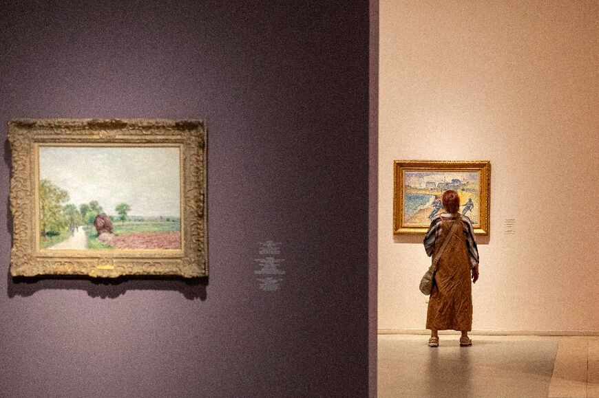 A visitor views artwork in a "protected space" at the Tel Aviv Museum of Art