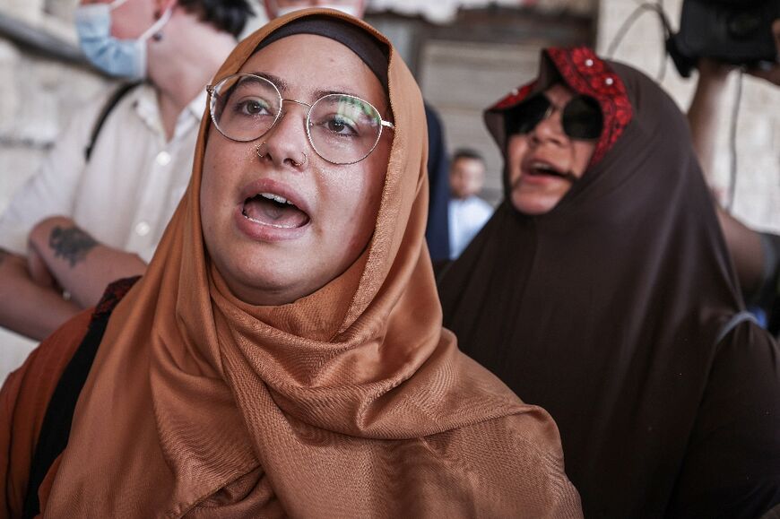 Palestinians and international activists react at a final farewell for slain Turkish-American activist Aysenur Ezgi Eygi in Nablus in the occupied West Bank