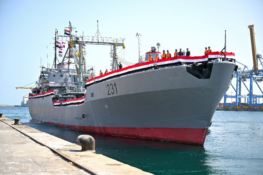 The Egyptian Navy supply ship Halayib, carrying humanitarian aid provided by Egypt for war-torn Sudan, docks at Port Sudan