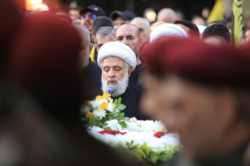 Hezbollah deputy secretary-general Naim Qassem spoke at the funeral