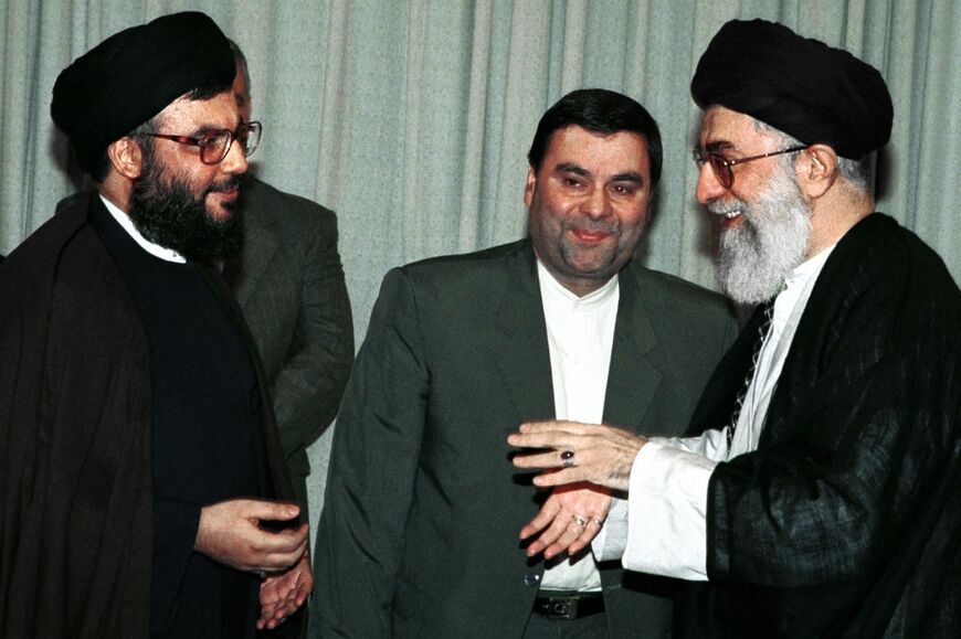 Hezbollah leader Hassan Nasrallah (L) is seen here with Iran's supreme leader Ayatollah Ali Khamenei (R) in Tehran in July 2000. For the past two decades, he has rarely been seen in public and records his speeches in undisclosed locations