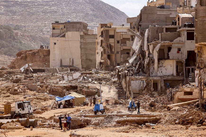 This picture taken on September 18, 2023 shows a view of destroyed buildings in Libya's eastern city of Derna following deadly flash floods