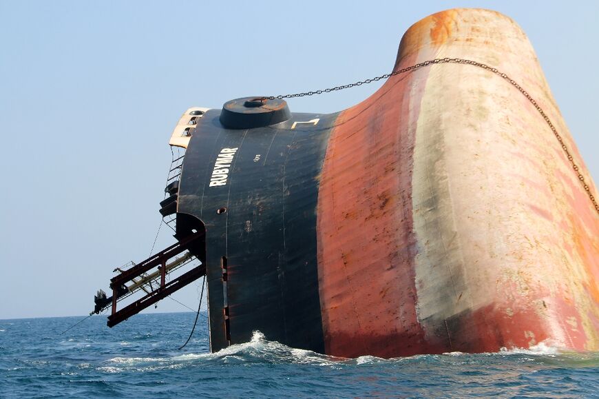 The Rubymar cargo ship is seen partly submerged off Yemen after a Huthi attack in March