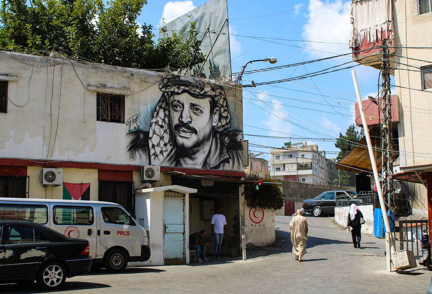 A mural of Yasser Arafat is seen on Al-Hamshari Hospital in Sidon, Aug. 30, 2024.