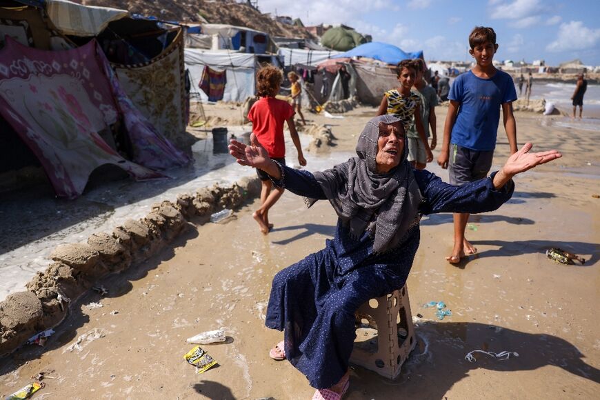 The tide has damange tents at a makeshift displacement camp by the sea in southern Gaza's Khan Yunis