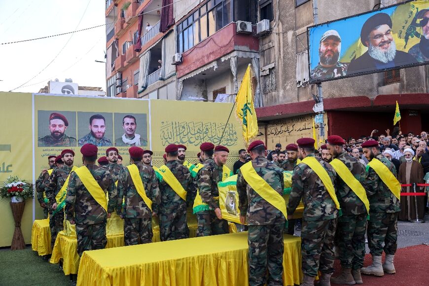 A funeral ceremony in Beirut for three of the slain Hezbollah members