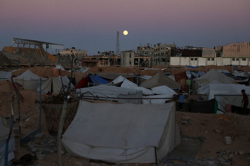 Tents sheltering displaced Palestinians at a makeshift camp in southern Gaza's Khan Yunis