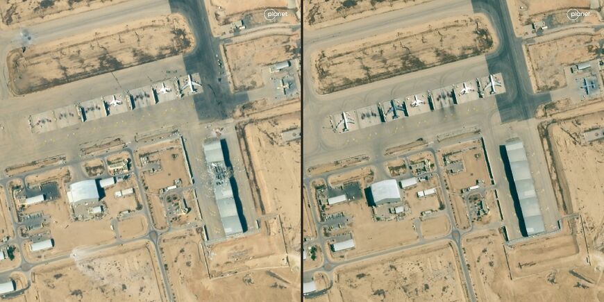 This combination of satellite pictures provided by Planet Labs PBC shows (L) the Nevatim air base in southern Israel on October 2, 2024, the day after an Iranian missile attack on Israel, and on August 3, 2024