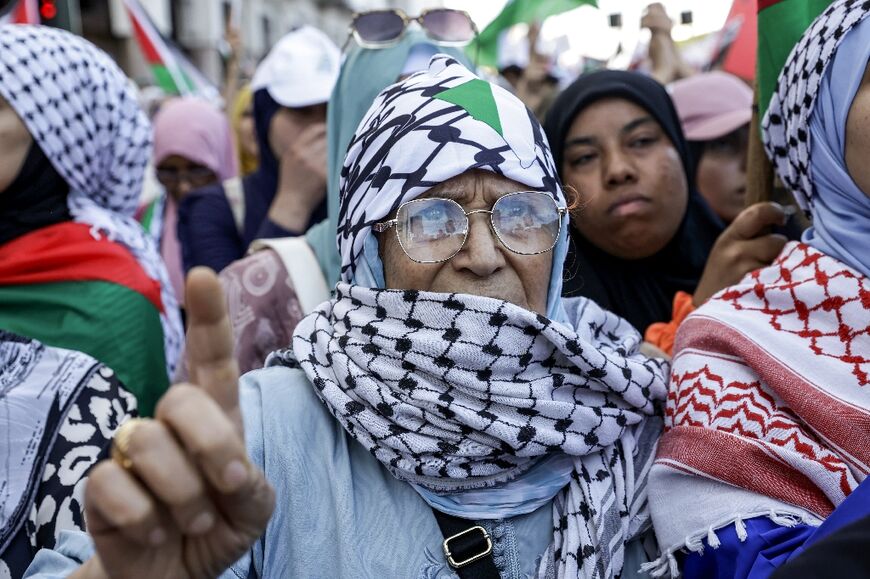 Protesters chant slogans in solidarity with Palestinians in Morocco's capital, Rabat