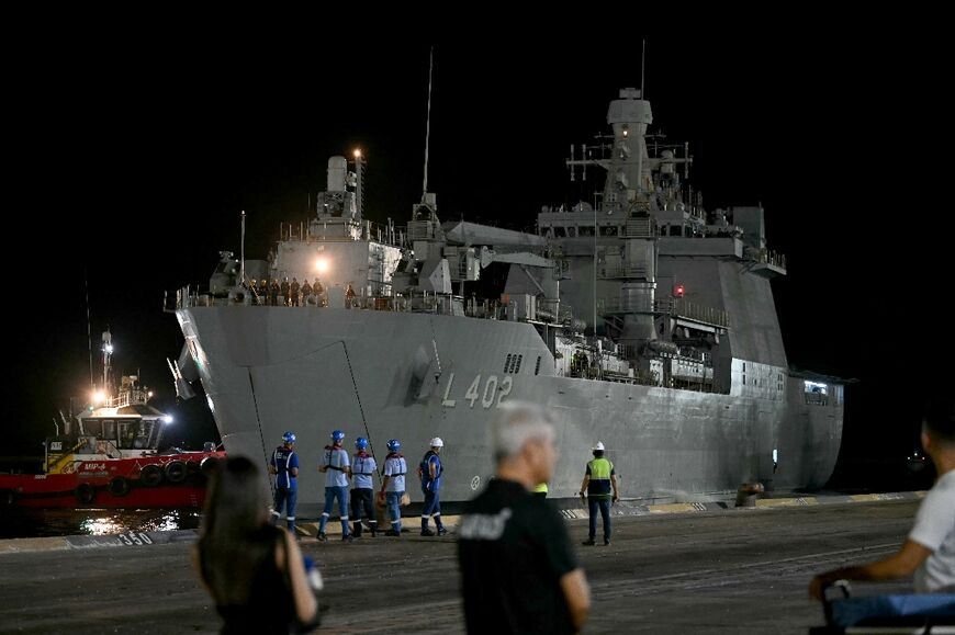 The TCG Bayraktar docked in the southern Turkish port of Mersin at 9:00 pm after a 13-hour journey from Beirut