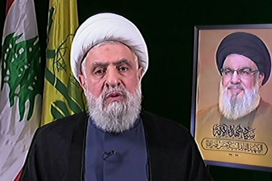 An image grab from Hezbollah's Al-Manar TV of Naim Qassem during his televised address