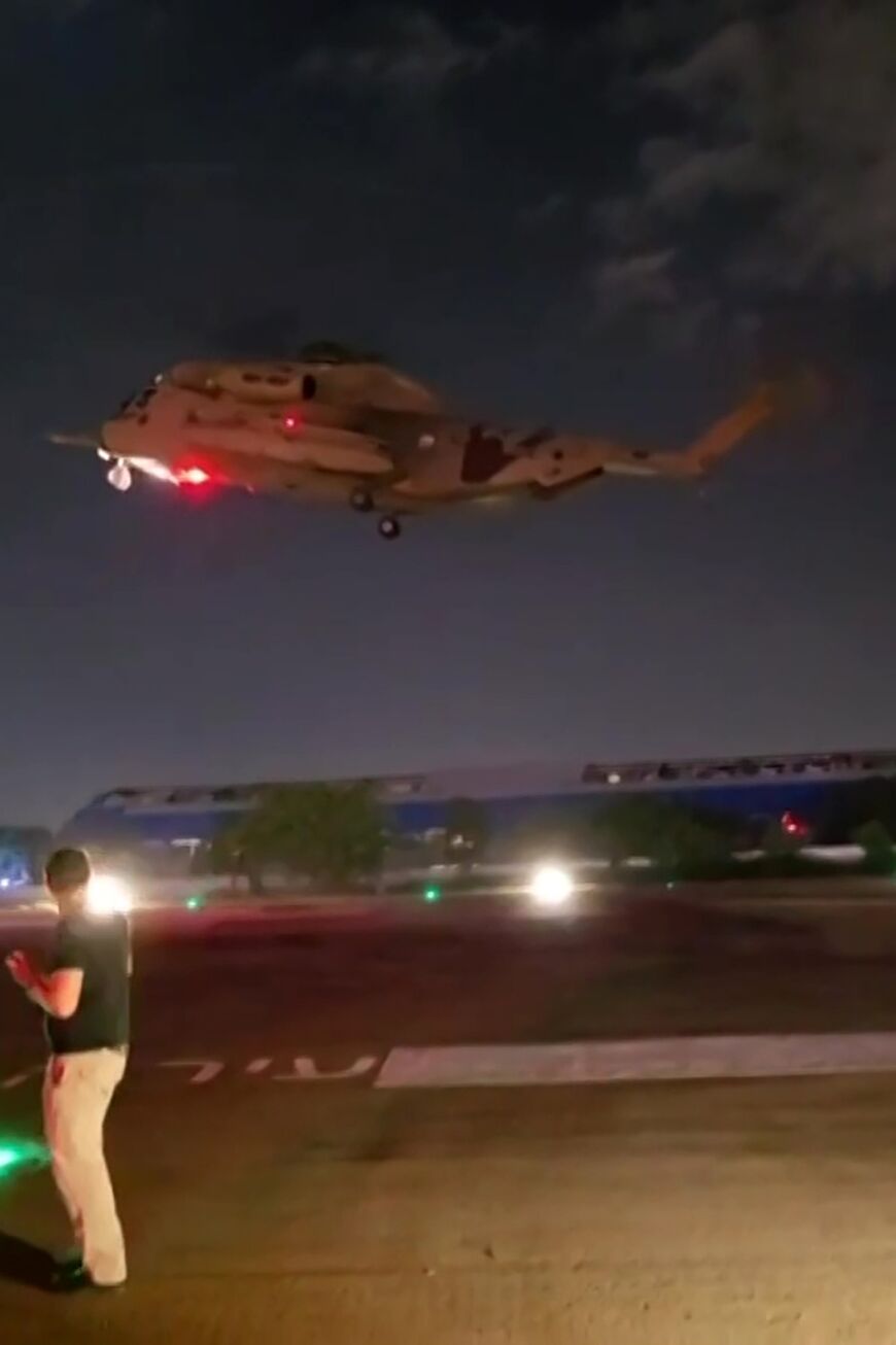 A helicopter lands at Sheba Medical Center in Ramat Gan, Israel, after Hezbollah launched attack drones at a military training base