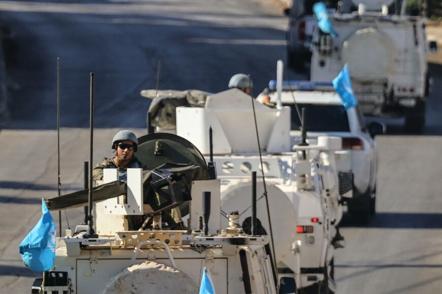 Peacekeepers from the United Nations Interim Force in Lebanon (UNIFIL) patrol in Marjayoun, southern Lebanon