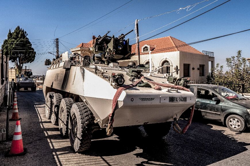 An armoured personnel carrier of the United Nations Interim Force in Lebanon (UNIFIL), whose thousands of peacekeepers are deployed in Lebanon's south, in Ain Ebel