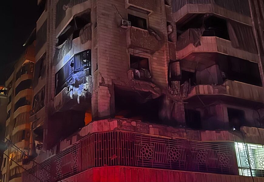 An apartment building damaged by an Israeli air strike in central Beirut's Bashura neighbourhood 