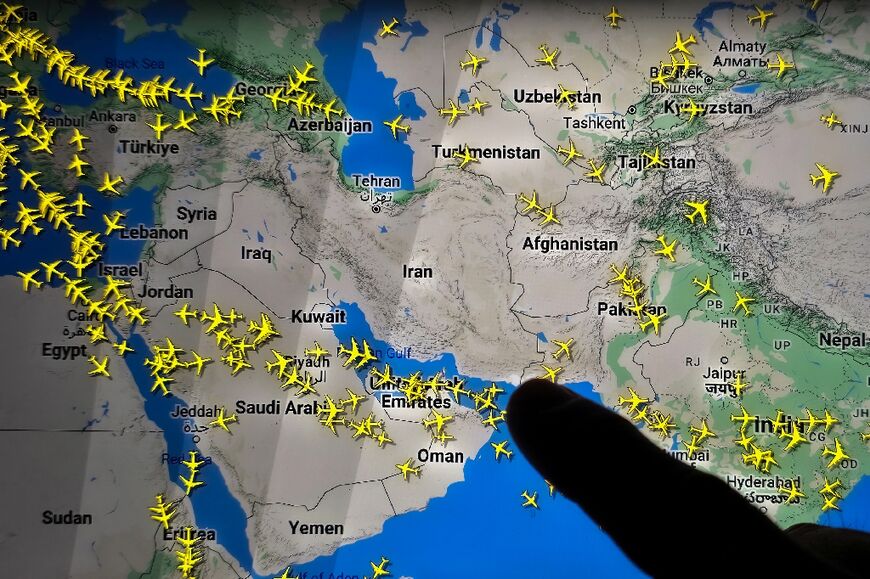 A page on the Flightradar24 website, taken in Nicosia early on October 26, 2024, displaying commercial aircraft around Iran's airspace after Iran announced a suspension of flights