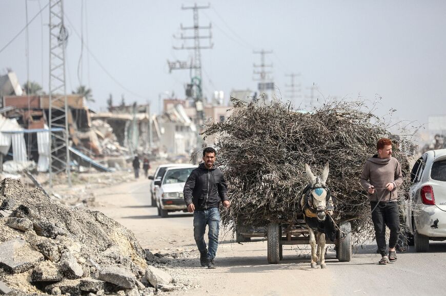 A donkey cart carries kindling in the Al-Maghazi camp for Palestinian refugees, central Gaza