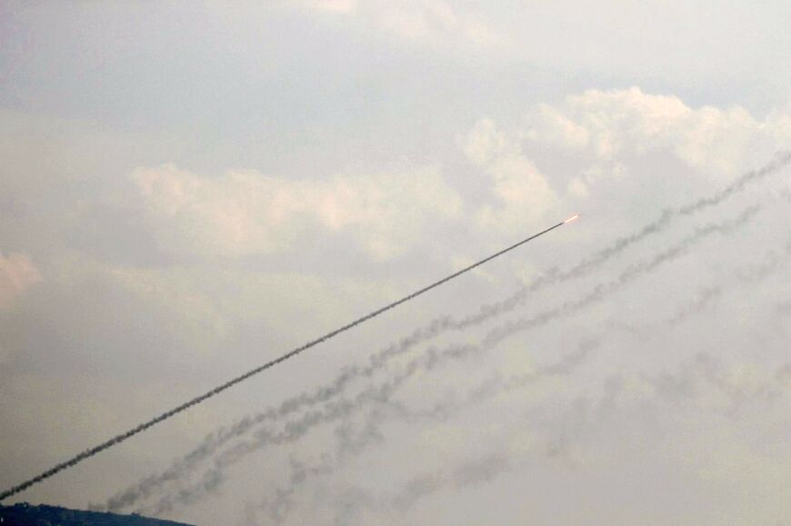 A picture taken from the Tyre area shows rockets being fired towards Israel on November 9