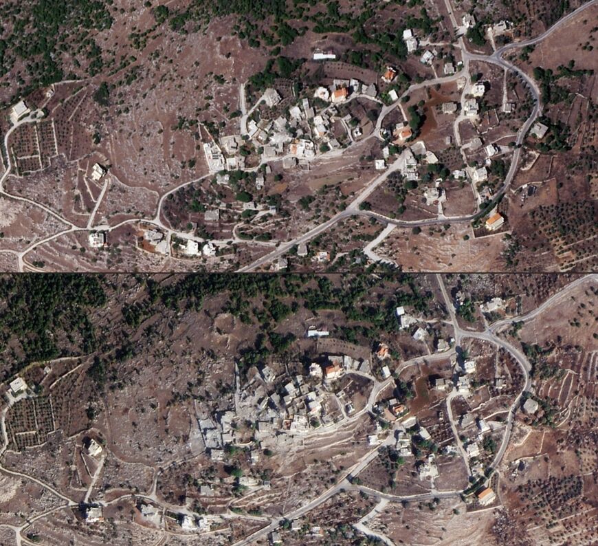 Satellite images provided by Planet Labs PBC show damage to the Lebanese border village of Qawzah following heavy Israeli bombardment