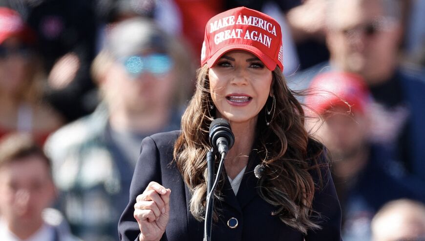 South Dakota Governor Kristi Noem speaks before former US President and Republican presidential candidate Donald Trump takes the stage during a Buckeye Values PAC Rally in Vandalia, Ohio, on March 16, 2024.