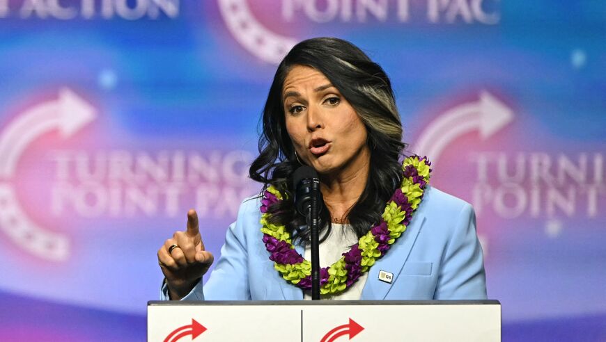 Former US Representative Tulsi Gabbard speaks during a Turning Point Action 'United for Change' campaign rally for former US President and Republican presidential candidate Donald Trump at Thomas & Mack Center in Las Vegas, Nevada, on October 24, 2024.