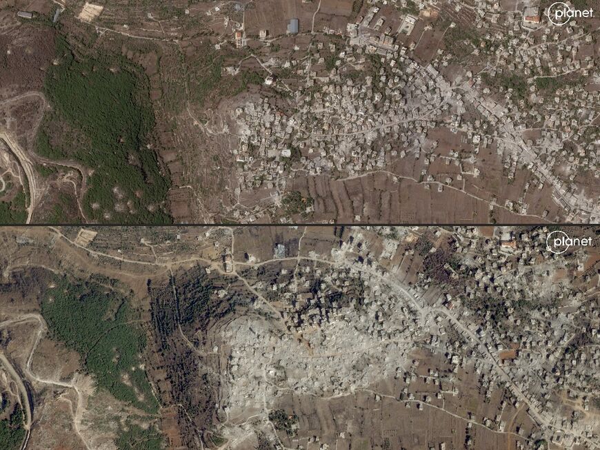 This combination of satellite pictures created on November 4, 2024 shows the southern Lebanese village of Aita al-Shaab on September 26, 2024 (top) and the same spot on October 24, 2024 following heavy Israeli bombardment (bottom-C)