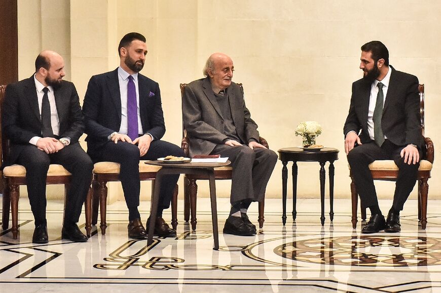 During his meeting with Walid and Taymur Jumblatt, Sharaa (far right) vowed that Syria would end 'negative interference' in neighbouring Lebanon