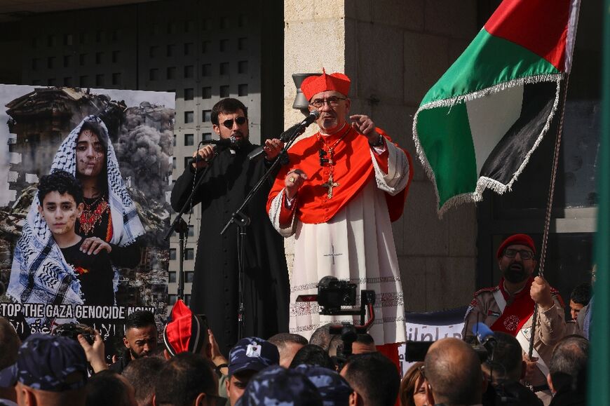 Latin Patriarch of Jerusalem Pierbattista Pizzaballa delivers a speech in Bethlehem, in the Israeli-occupied West Bank