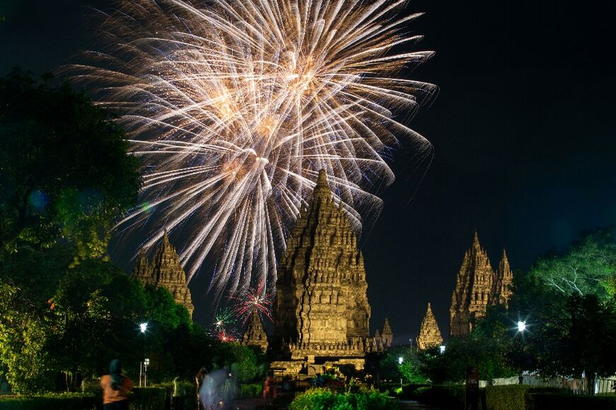 New year's fireworks light up the ninth century Hindu Prambanan Temple, a UNESCO World Heritage Site in Yogyakarta